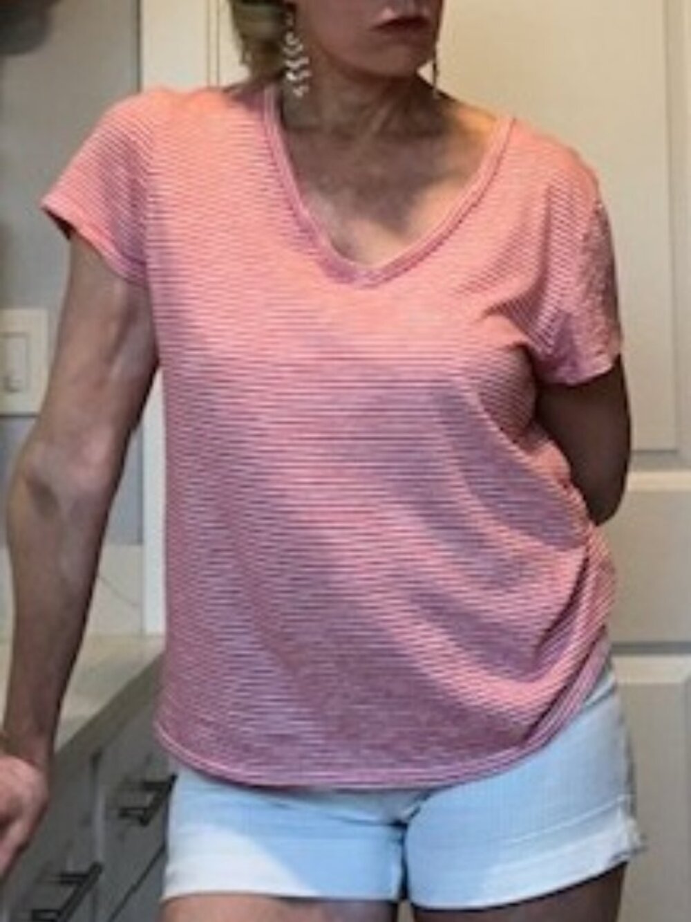 LOFT "Vintage Soft" Peppermint Stripe Cotton V-Neck T-Shirt, size M